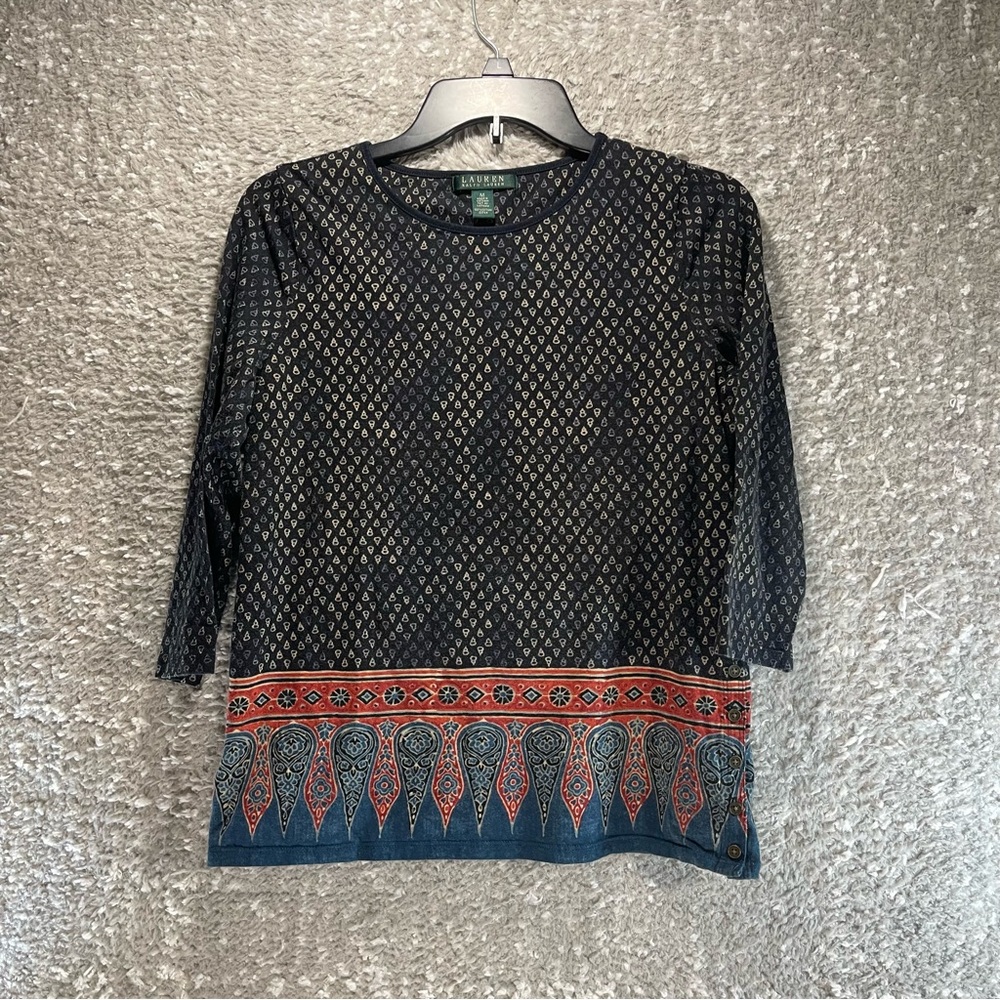 Lauren Ralph Lauren‎ 3/4 Sleeve Pullover Cotton Stretch Blouse M Peasant Aztec